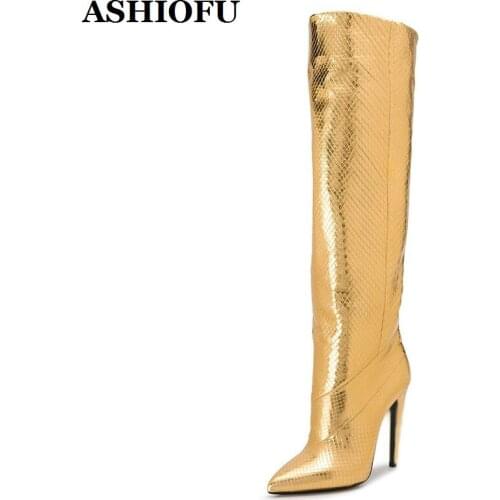 ASHIOFU Handmade New Womens High Heel Boots Gold Bright Leather Sexy Party Club Boots Evening Dance Winter Fashion Boots Shoes