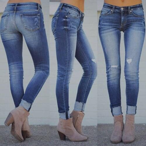 Womens Spring Autumn Stretch Skinny Ripped Denim Jeans Middle-waisted Long Trousers Solid Color Leisure Fashion Trend