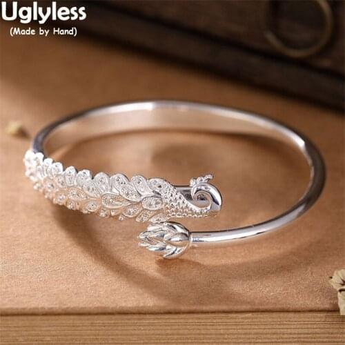 Uglyless Delicate Carved Animals 999 Pure Silver Peacock Phoenix Bangles for Women Glossy Silver Shiny Lotus Buds Bangles Floral