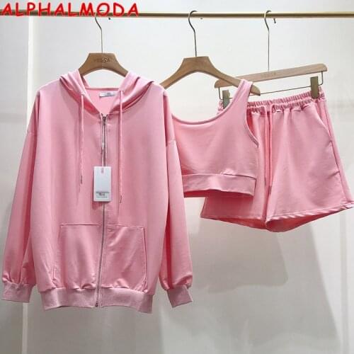 ALPHALMODA 2021 Summer Women New Long-sleeved Zipper Cardigans Crop Top Shorts 3pcs Suits Candy Color Trendy Fashion Clothes Set