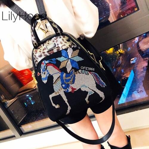 Women Vegan Leather Luxury Rhinestone Horse Roomy Backpack Female Vintage Premium Leather Leopard Big Day Trips Work Daypack