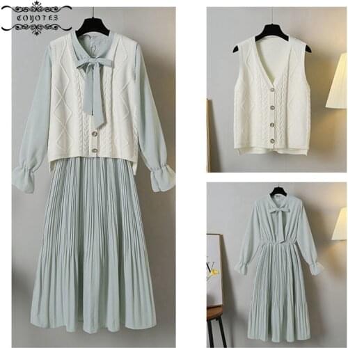 Womens Sets V-neck Sweater Vests Knitted Single Breasted Cardigans Lace Up Pleated Dress Suit Women Casual Patchwork Large Size