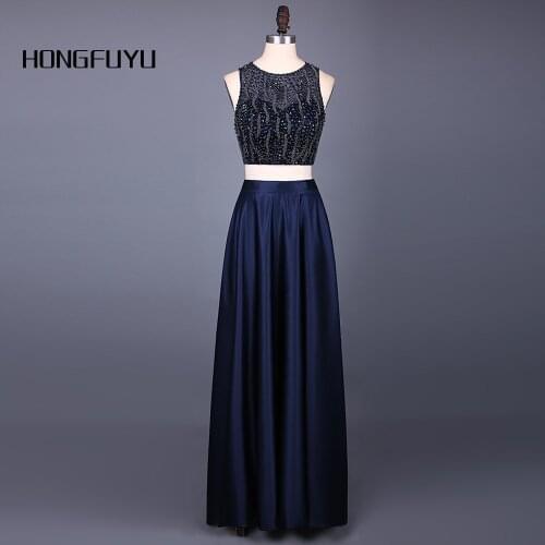 Real Sexy Two Piece Scoop Neck A Line Long Evening Dresses 2017 Sleeveless Beading Sequined Floor Length Evening Dress HFY60601