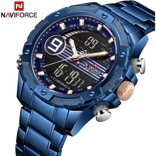2019 Men Watch NAVIFORCE Casual Sports Digital Chronograph Military Dual Display Stainless Steel Quartz Waterproof Wristwatches