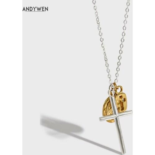 ANDYWEN 925 Sterling Silver Gold Silver Cross Split Plating 4 Pendant Charm Long Necklace Long Chain Jewelry 2021 Women Party
