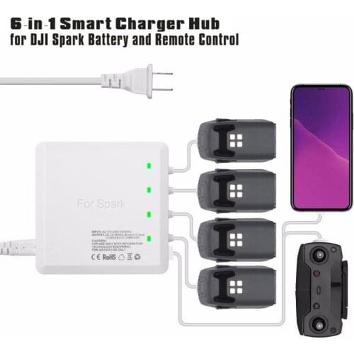 Fast Charger 6-in-1 Smart Charging Hub with 2 USB Ports for DJI Spark Drone Battery and Remote Controller +EU Plug