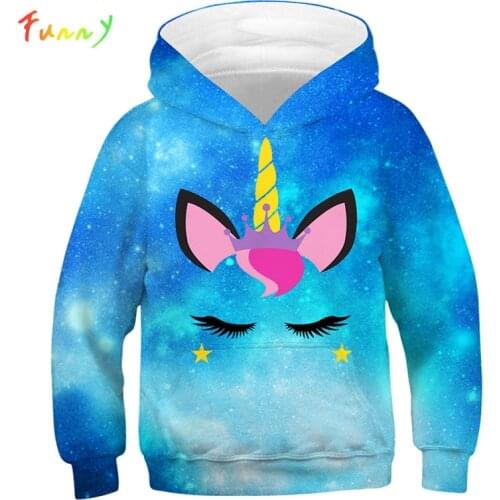 Unicorn Hoodie Blue Eyelash Print Cute Girls Hoodies Kids Sweatshirt 2019 Spring Autumn Long Sleeve Pullover Hooded Kids Clothes