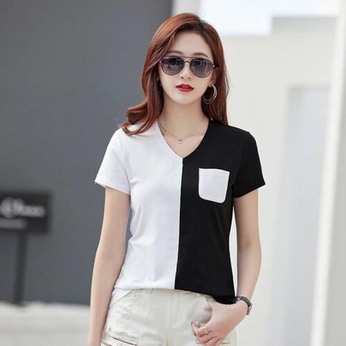 GGRIGHT High Quality 2021 Summer Cotton T Shirt Women Patchwork Tee Shirt Female Short Sleeve Top Tees V-Neck T-shirt Women