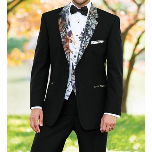 Camo Black Wedding Groom Tuxedos Three Piece Notched Lapel Two Button Custom Made Mens Suits for Men (Jacket + Pants + Vest