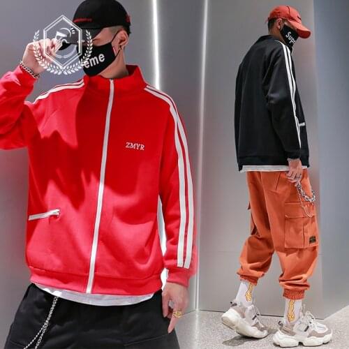 Men Fashion Large Size Loose Solid Stripe Print Jacket Casual Hip Hop Coat