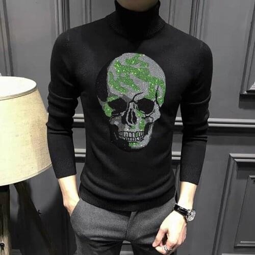 Hot Diamond High Quality Fabric Winter Mens Turtleneck Sweater Skull Knit Long Sleeve Thick Pullover Tops