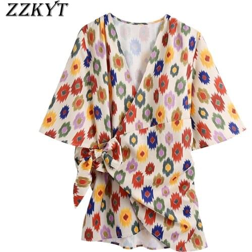 ZZKYT 2021 Women Summer Fashion Floral Print Mini Dress Vintage V-Neck Short Sleeve Bow Tie Female Party Dresses Vestidos Mujer