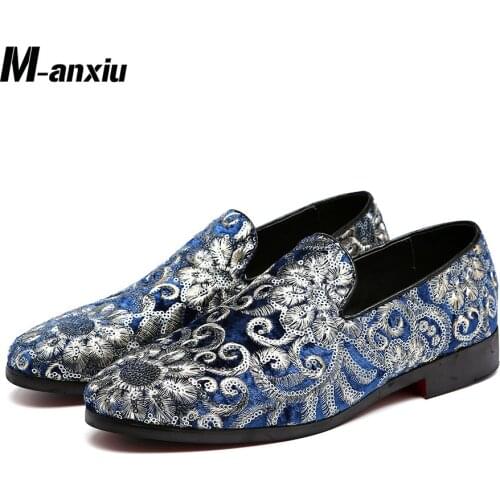 M-anxiu Men Fashion Embroidery Business Shoes Doug Suede Leather Pointed Toe Classic Wedding Slip-On Penny Casual Flat Shoes
