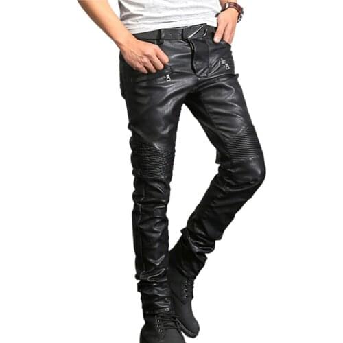 New France Style Mens Ripped Moto Pants Ribbed Skinny Black PU Leather Biker Slim Trousers Pencil Pants Size 29-40
