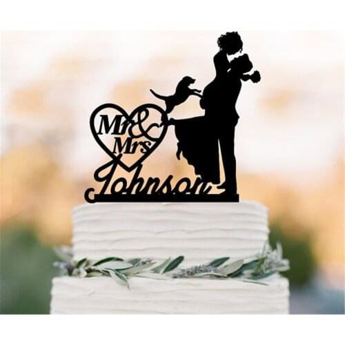 Personalized Wedding Cake Topper with Dog Custom Name Funny Groom Lifting Bride with Mr and Mrs in Heart Acrylic Cake Topper