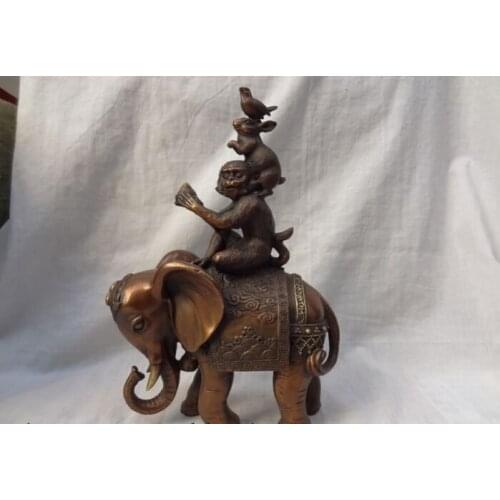 Song voge gem S2558 10" Chinese Pure Bronze Bird Rabbit Monkey Hold Peach Ride Elephant Brass Statue