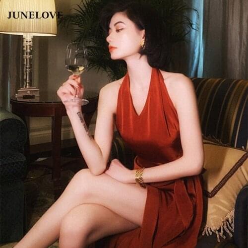 JuneLove Sweet Sexy French Renaissance Vintage Dress Tender Girl Irregular V-Neck Halter Elegant Lady Banquet Woman Satin Dress