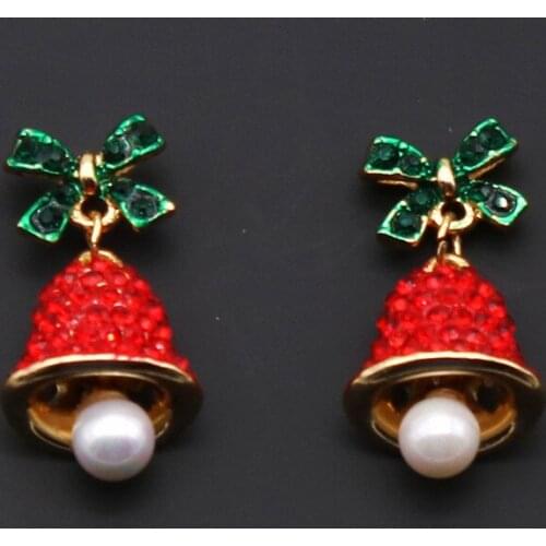 Christmas Shiny Rhinestone Bowknot Bells Drop Earrings for Women Gold Color Alloy Simulated Pearl Dangle Earrings New Year Gifts