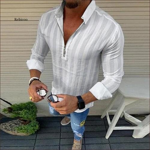 Fashion Striped Shirts Men Long Sleeve Lapel Neck Zippers Streetwear Outerwear Chic Camisa Male Shirts Plus Size