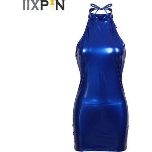 Sexy Dresses Women Wet Look Patent Leather Erotic Mini Dress Halter Neck Sleeveless Low Back Bodycon Dress Party Night Club Wear
