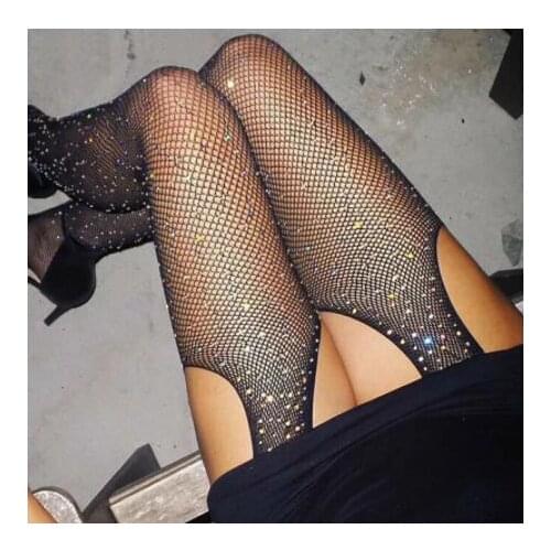 Sexy Rhinestone Mesh Fishnet Pantyhose Women Bling Tights Slim Pantyhose Open Crotch Mesh Stockings Plus Size Party Club Hosiery