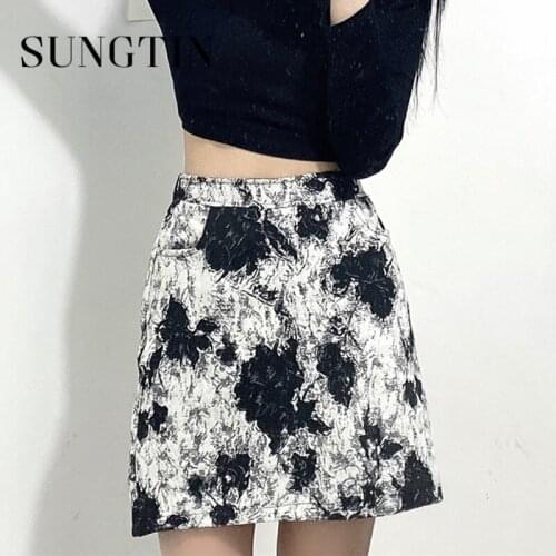 Sungtin Korean Fashion Floarl Mini Skirts for Women Summer High Waisted Short Skirt A Line Harajuku Ladys Skirt 2021 Streetwear