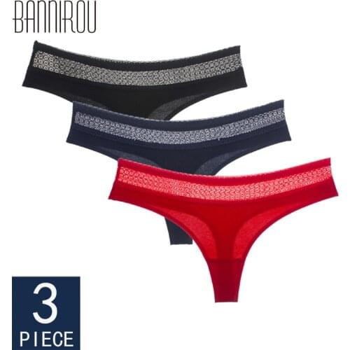 BANNIROU Sexy Cotton Thongs For Woman Underwear Panty Female T-back Solid Soft Lace Woman G-string Seamless Cotton New 3 Pieces