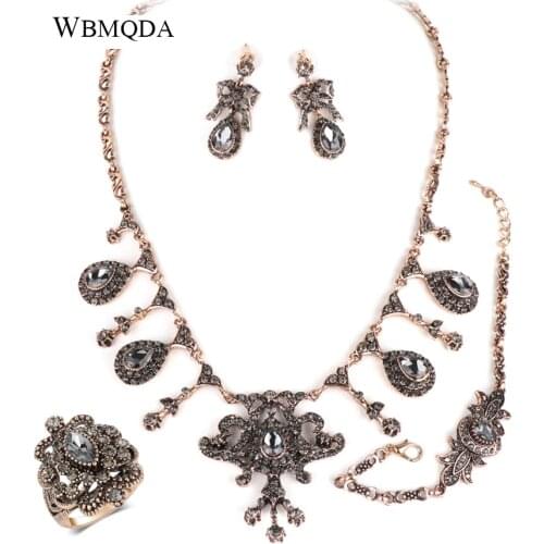 Wbmqda Luxury 4Pcs Turkey Earring Necklace Bracelet Ring Antique Gold Gray Crystal Bridal Wedding Jewelry Sets For Women Gift