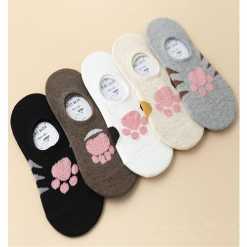 Yishine 5 Pairs/Set Women Invisible Socks Spring Autumn Cat Paw Printed Ankle Boat Socks Female Cotton Slipper No show Sock