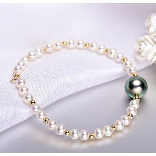 [YS]10-11mm Black Tahitian Bracelet Freshwater Pearl Bracelet 18k Gold Pearl Bracelets