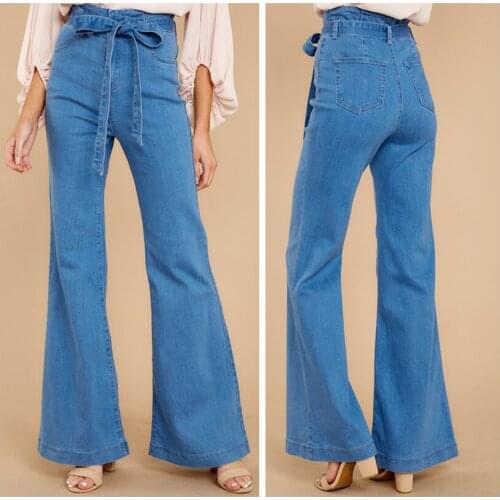 Womens High Waist Wide Leg Jeans Straight Boot Cut Bow Belt Flared Denim Pants Maxi Plus Size Loose Female Bell-Bottom Trousers