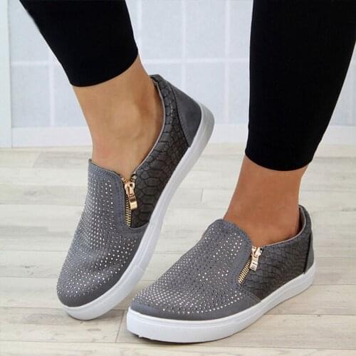 Womens Flat Shoes Rhinestone Zipper Walking Shoes Non-slip Breathable Casual Shoes Womens Shoes