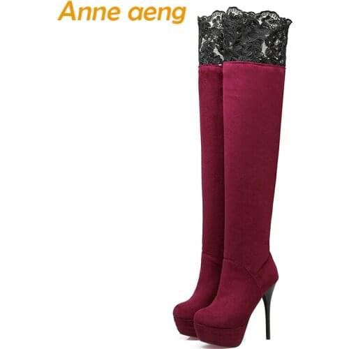 Women winter snow boots platform shoes over the Knee high thin heels round toe sexy ladies Red women winter shoes big size 33-46