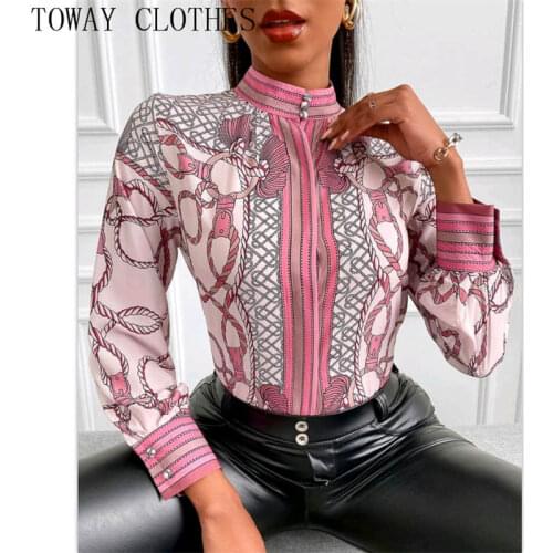 Women Mock Neck Scarf Print Satin Long Sleeve Top Chic Spring Tops and Blouses