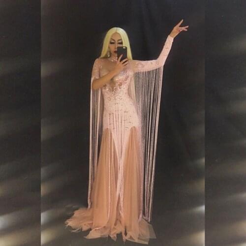 Wome White Tassel Pink Long Skirt Sparkling Crystals Women Sexy Costume Nightclub Party Singer Dancer Performance Stage Wear