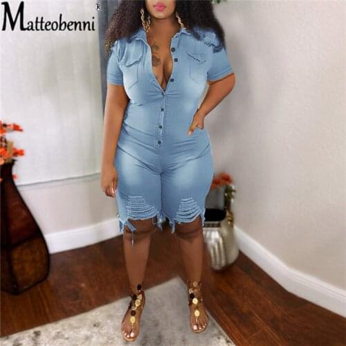 Womens New Solid Color Casual Jumpsuit Street Style Jumpsuit Large Size Ladies Denim Jumpsuit Night Collar Short-Sleeved Tights