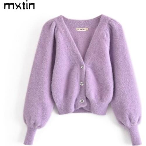 MXIN 2021 Women Spring Fashion Solid Single Breasted Cardigan Knitted Sweater Vintage V-Neck Long Sleeve Female Outwear Chic Top