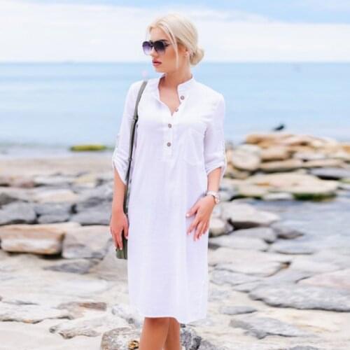 Ladies Summer Casual Button Dress Peter Pan Collar Long sleeve Pockets Slit Solid Color Pullover Min Dress 2021 New Fashion