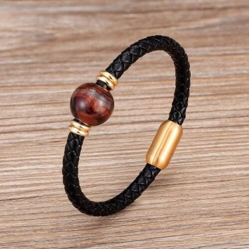 2020 Fashion Mens Jewelry Charm Genuine Leather Stainless Steel Bracelets For Men Natural Round Tiger Eye Stone Beaded Bracelet