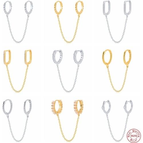 GS 925 Sterling Silver Double Hole Chain Tassel Hoop Earrings For Women White Zircon Pearl Beads Circle Earring Hoops Jewelry