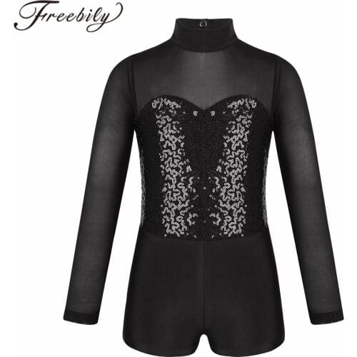 Kids Dancewear Teens Girls Long Sleeves Mock Neck Sparkly Sequins Tulle Splice Gymnastics Leotard Dance Ballet Unitard Biketard