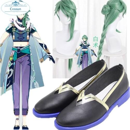 Genshin Impact Cosplay BAISHU shoes Boots Wig Removable Bun Baishu Green 90cm Long Straight Braided Ponytail Heat Resistant Hair