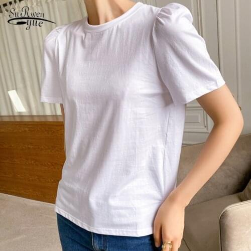 Korean Puff Sleeve Women Summer T-shirt Simple Solid White Purple Tops T-shirt Cotton Tshirt for Women Tee Shirts Clothes 10090