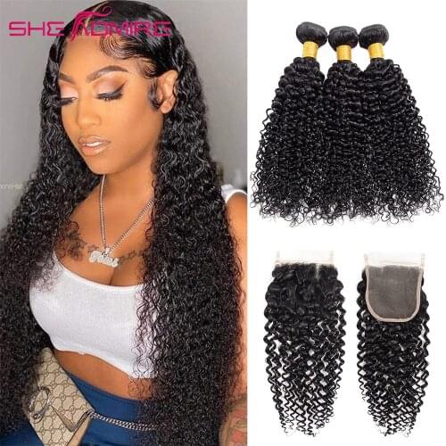She Admire Kinky Curly Human Hair Bundles With Closure Brazilian Remy Hair Extension Natural Black Bundle With 13X4 Lace Frontal