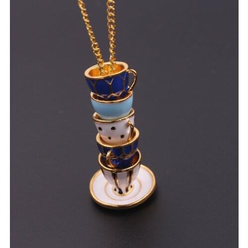Fashion Enamel Coffee Cup Necklace Alice Teacup Pendants Sweater Chain Clothing Accessories For Women Girl Jewelry