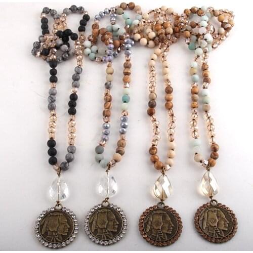 RH Fashion Bohemian Tribal Jewelry Crystal / Natural Stone Long Knotted Crystal Disco Metal Buffalo Pendant Necklaces