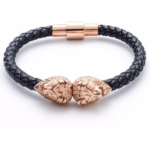 Fashion Black Plated Lion Head Black Genuine Leather Cool Punk Rock Stainless Steel Mens Bracelets & Bangles for gift