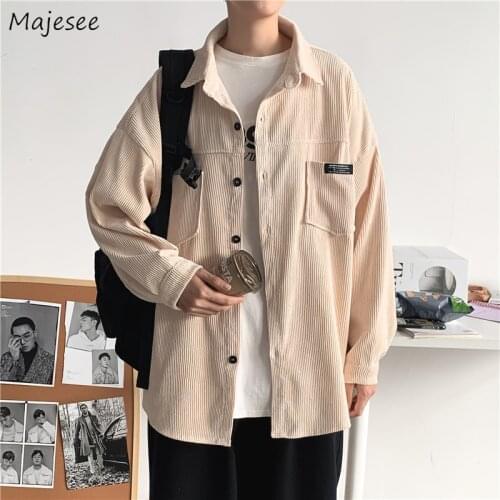 Men Shirts Trendy Patch Design Outwear Loose Casual Simple Retro Corduroy Single Breasted Japan Style Plus Size S-3XL All-match