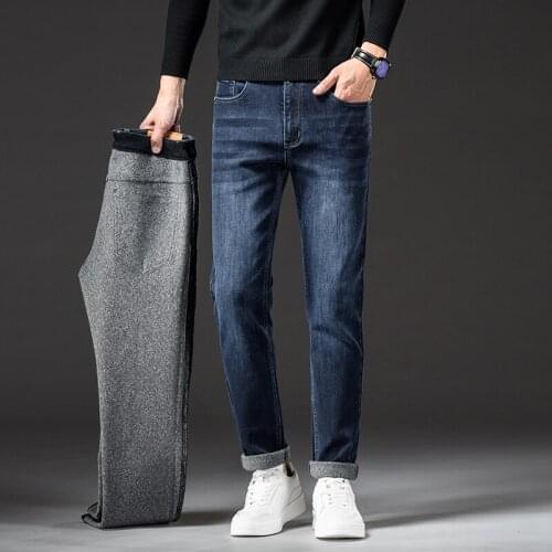 2021 Winter New Mens Thick Warm Fleece Jeans Classic Style Business Casual Regular Fit Elasticity Denim Pants Male