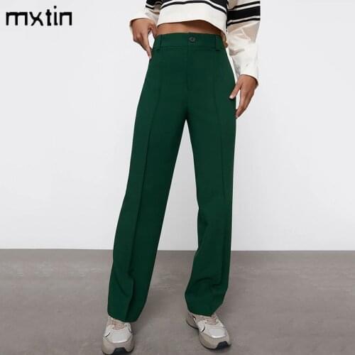 MXTIN 2021 Women Spring Fashion Solid Suit Straight Pants Vintage High Waist Zipper Office Lady Wear Female Ankle Trousers Mujer